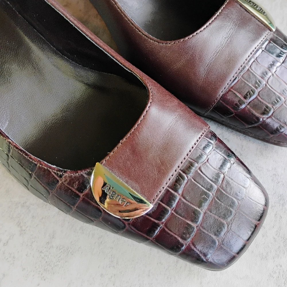 Etienne Aigner Maye Croc Embossed Leather Pumps Womens 7.5W Square Toe‎ Office